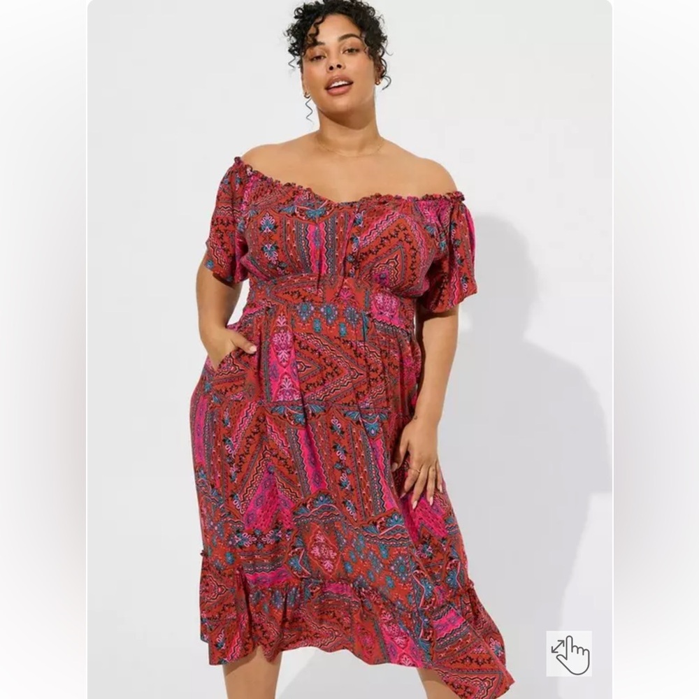 Torrid Tea Length Challis Off-Shoulder Dress